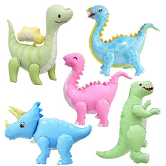 LilyZheng 5-pack self-standing dinosaur balloons for pastel table decor.