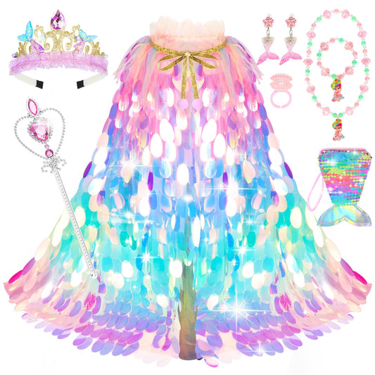 LIMIROLER mermaid sequin cape shimmering rainbow colors for imaginative dress-up.