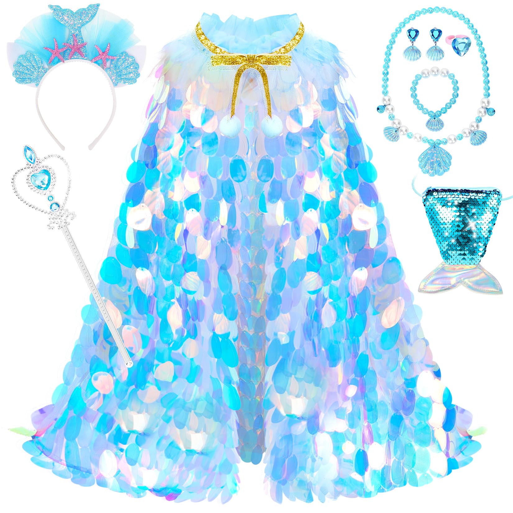 LIMIROLER princess mermaid cape with sequin scales for imaginative dress-up