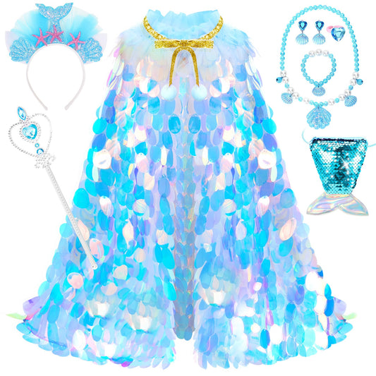 LIMIROLER princess mermaid cape with sequin scales for imaginative dress-up