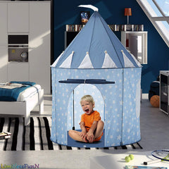 LimitlessFunN castle tent features mesh windows for ventilation and bug protection