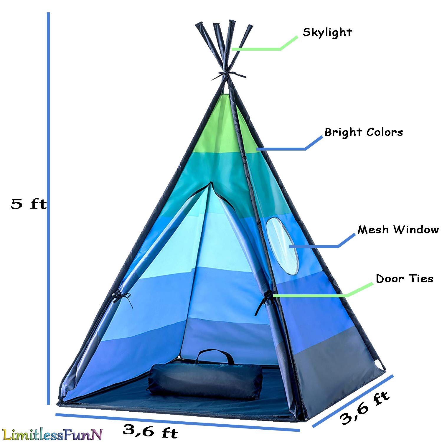 LimitlessFunN teepee folds compactly and includes carrying case for easy storage.