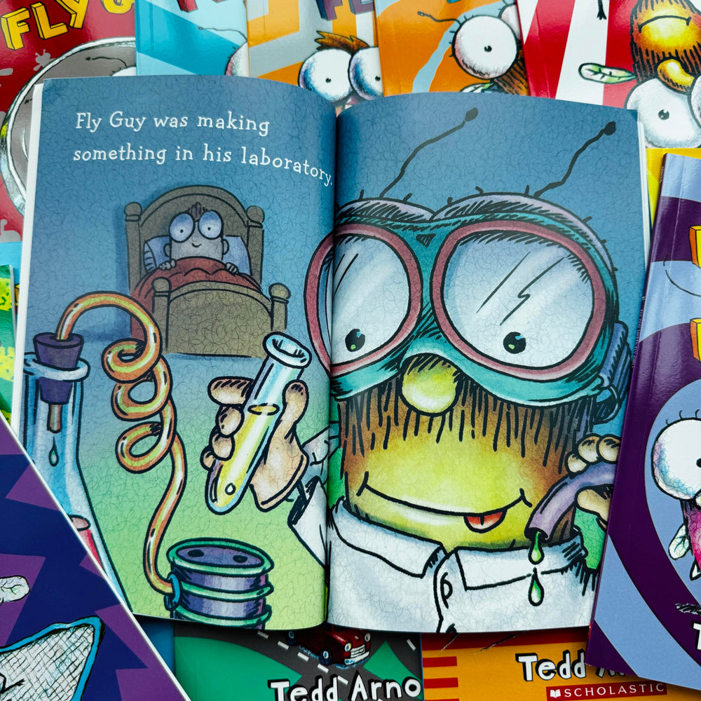 Limonuos Fly Guy boxed set spine on a shelf to inspire storytelling at home.