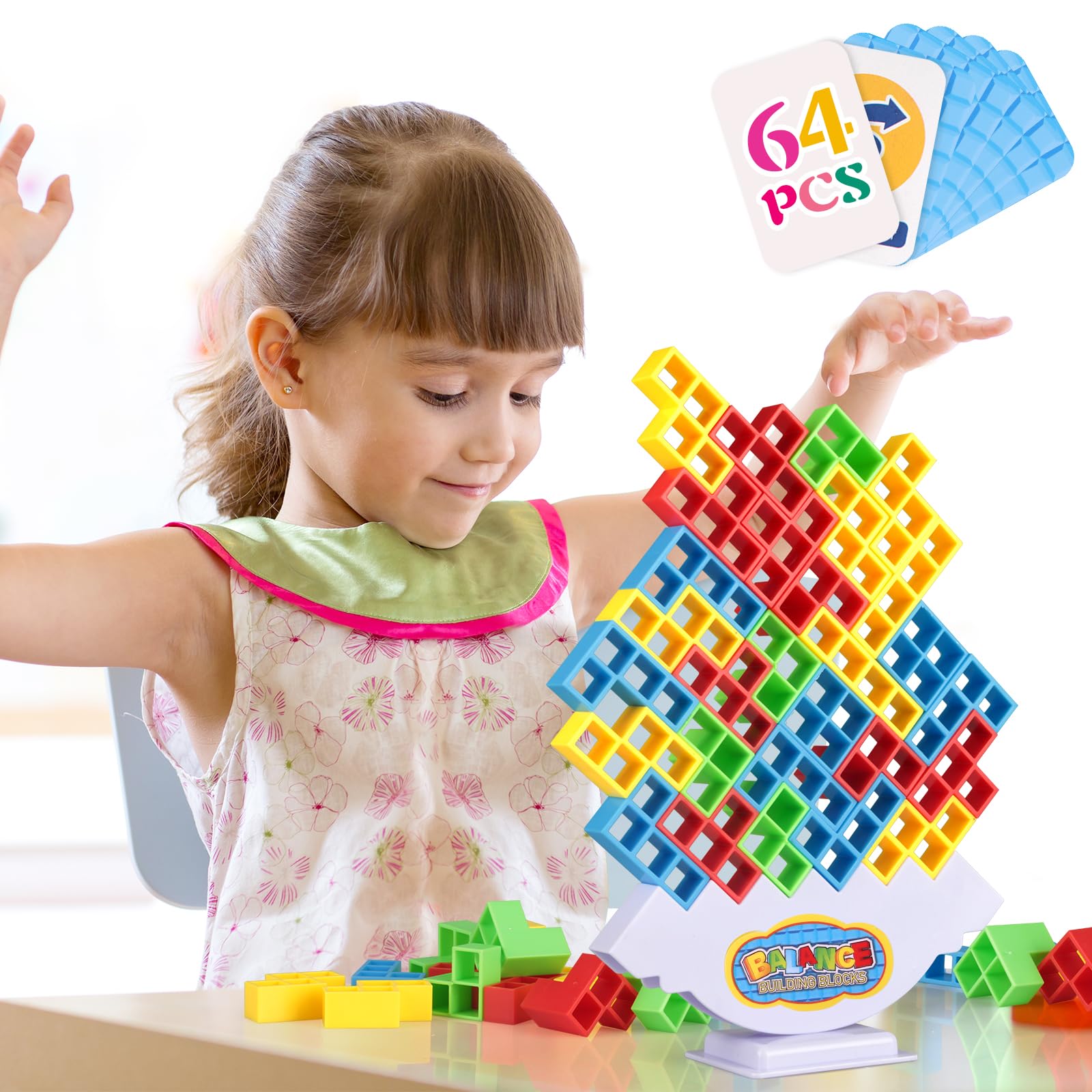 LIMYIOM Tetra Tower 64pcs front view shows colorful balance blocks for family play