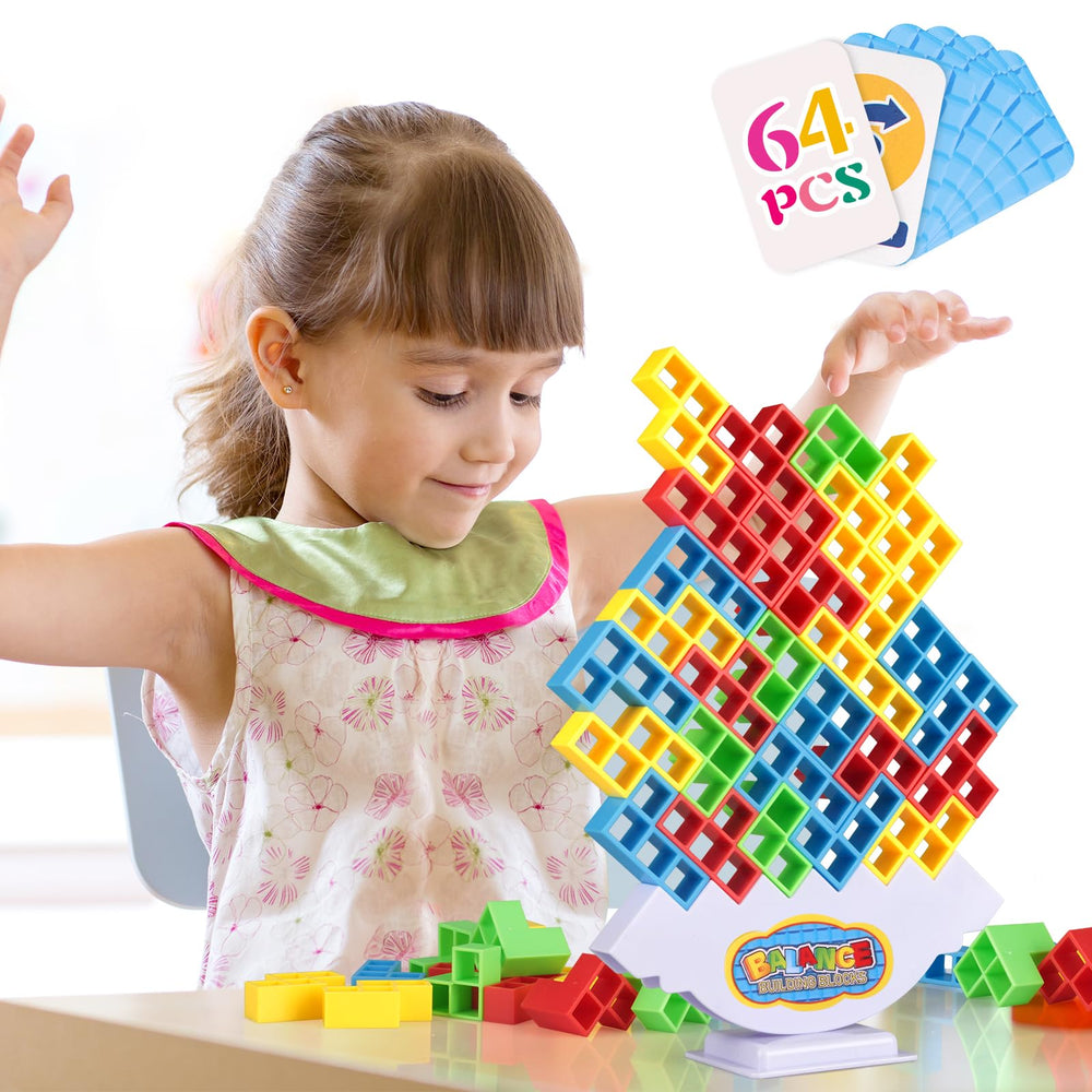 LIMYIOM Tetra Tower 64pcs front view shows colorful balance blocks for family play