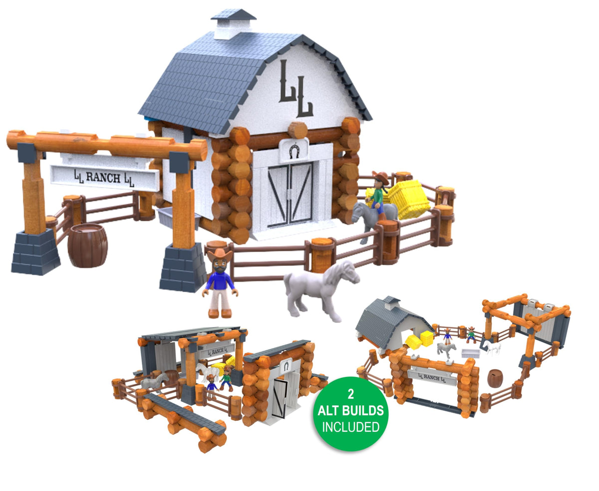 Lincoln Logs Big Sky Ranch assembly with stained wood logs for imaginative construction.