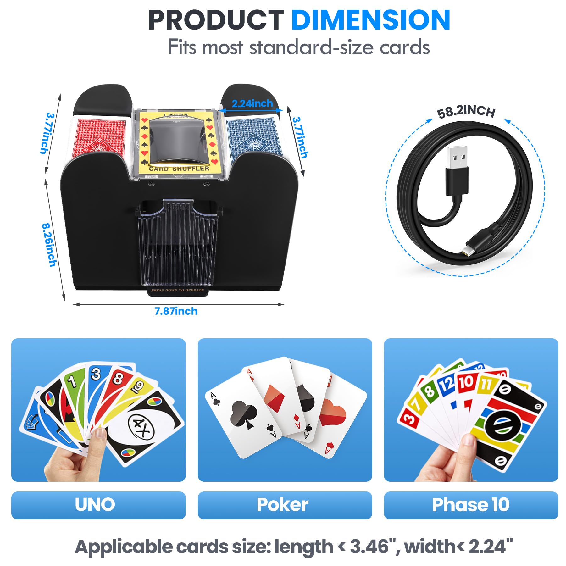 Lineba Card Shuffler powered by USB for easy, on-the-go play.