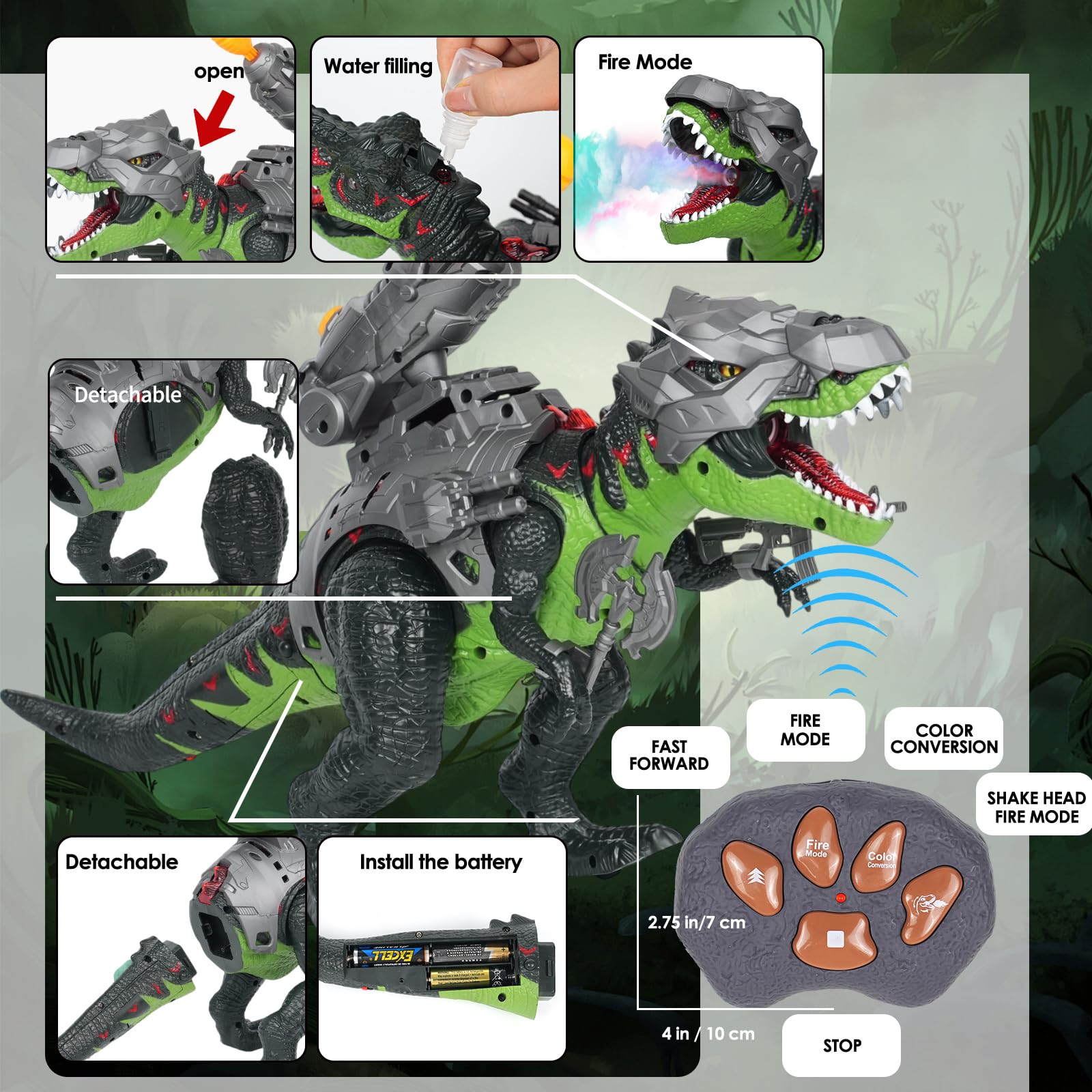 LINEQIC 7 Color Sprays Dinosaur RC with flame and frost LED effects for dramatic scenes
