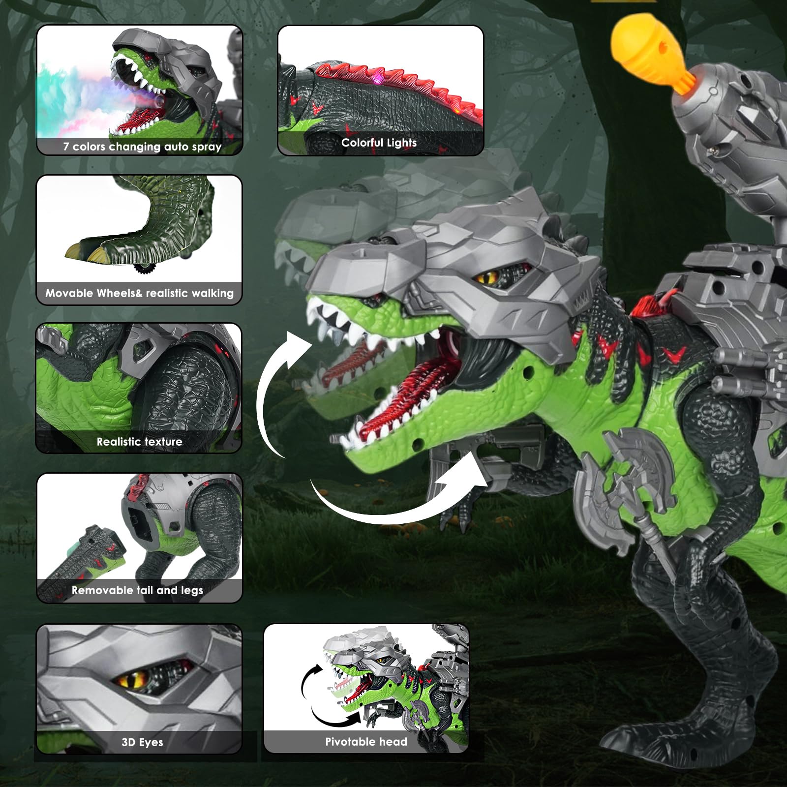 LINEQIC 7 Color Sprays Dinosaur RC side view showing synchronized leg movements for action-packed fun