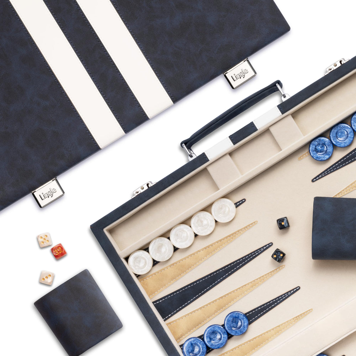 Lingle backgammon blue faux leather case for travel and storage.