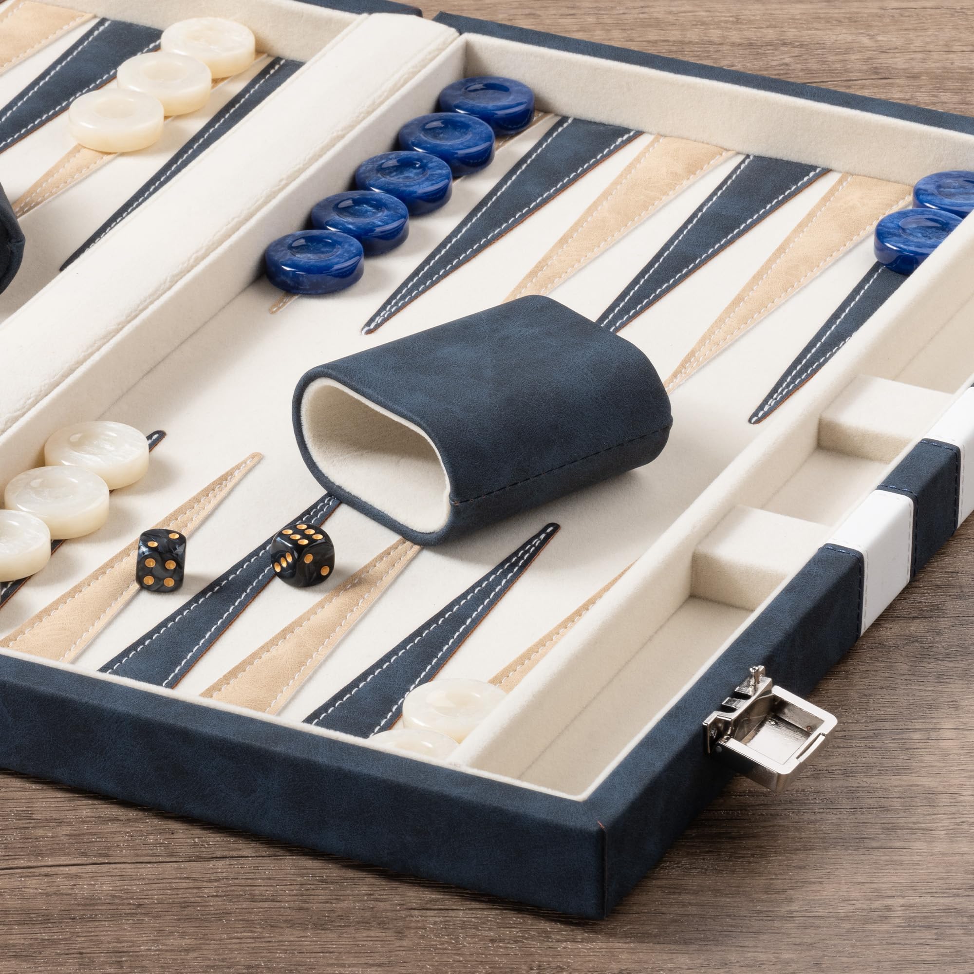 Lingle backgammon set closed at 15 by 9 inches for portability.