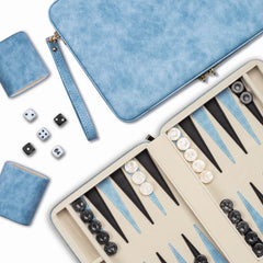 Lingle Backgammon folding faux leather case keeps pieces organized on the go.