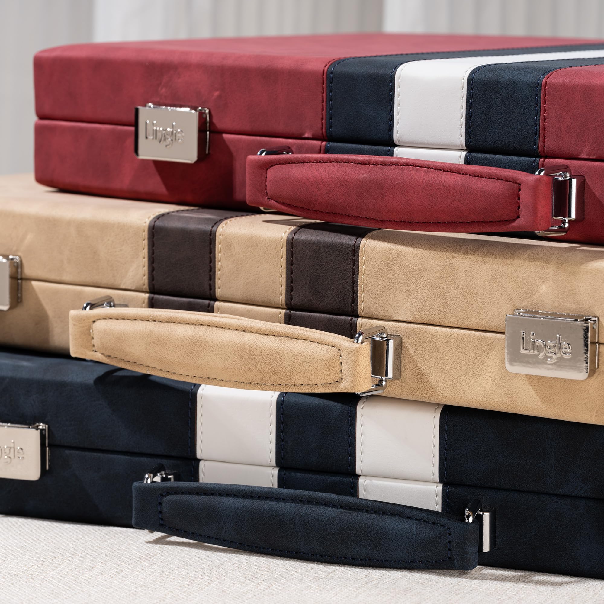 Sturdy metal latches secure the case during travel and storage.