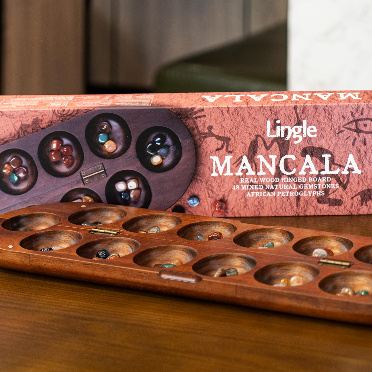 Close-up of premium wood texture on the Lingle Mancala board.