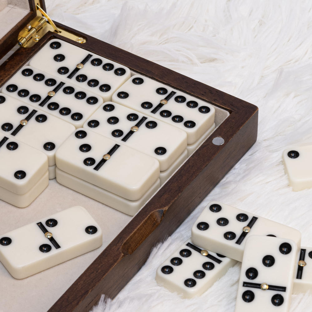 Lingle Dominoes with natural wood storage box keeps tiles neatly organized.