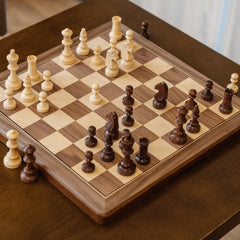 Lingle folding chess board open, showcasing portable design for on-the-go play.