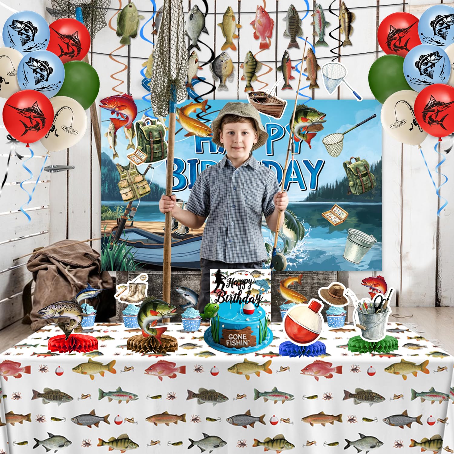 LINHAXM cupcake toppers coordinate treats with the fishing theme.