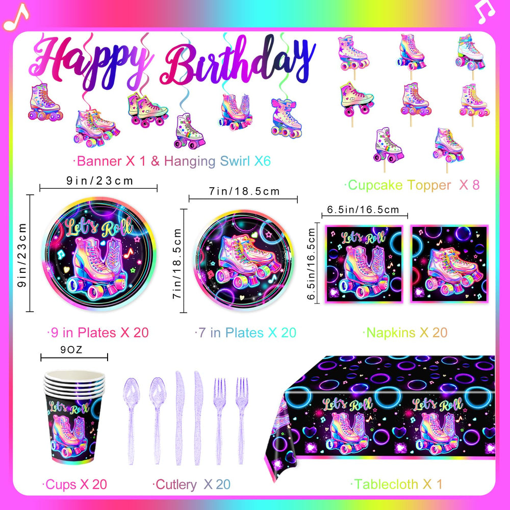 LINHAXM roller skating plates 7-inch neon design for desserts and servings