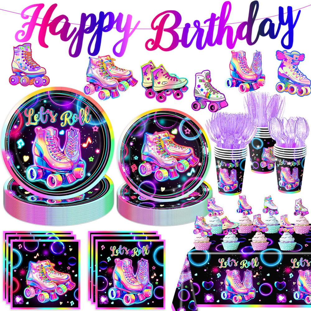 LINHAXM roller skating plates 9-inch neon design for easy cleanup and bold table styling