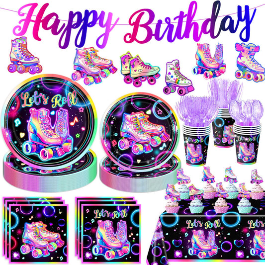 LINHAXM roller skating plates 9-inch neon design for easy cleanup and bold table styling