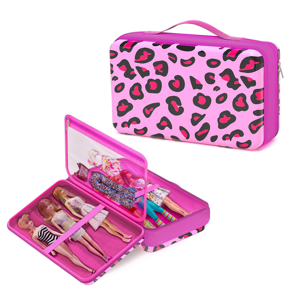 LININYHAO doll case with leopard outer shell protects 12-inch dolls during travel