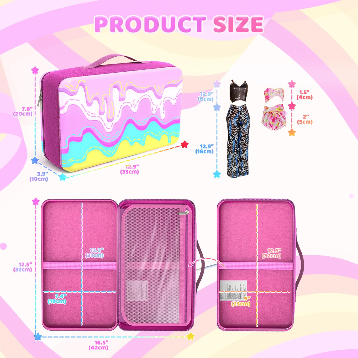 LININYHAO doll case side pockets store clothes and accessories neatly