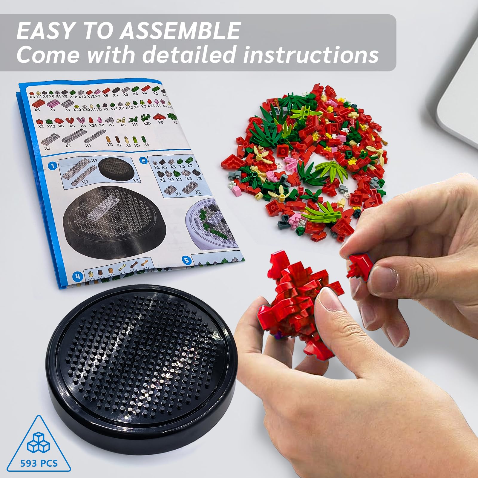 Linkowin 593-piece build showing bouquet assembly for hands on creativity.