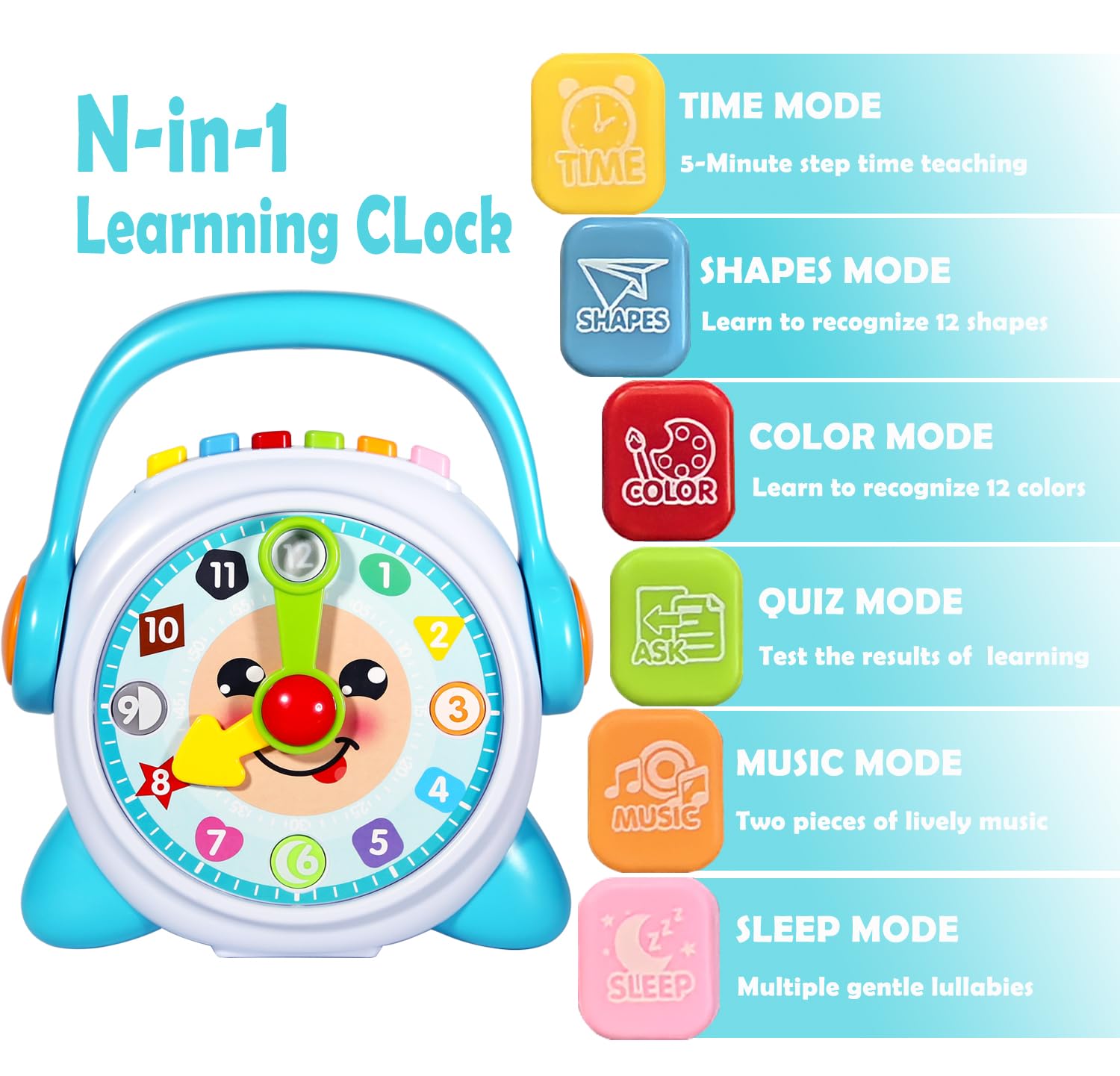 Linksandt Learning Clock quiz mode exercises memory with friendly prompts.