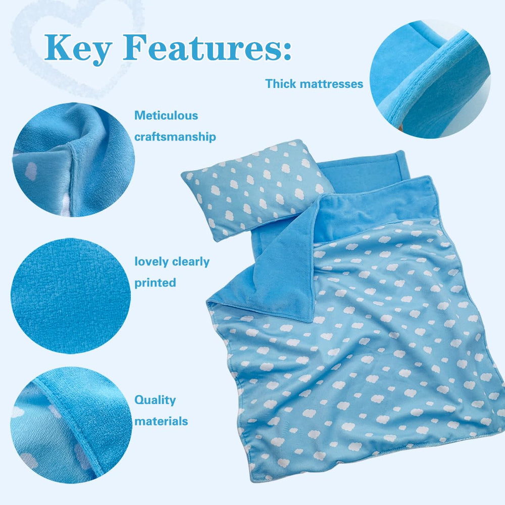 Linkyloop baby doll blanket in blue sky, soft companion for cozy dollhouse naps.