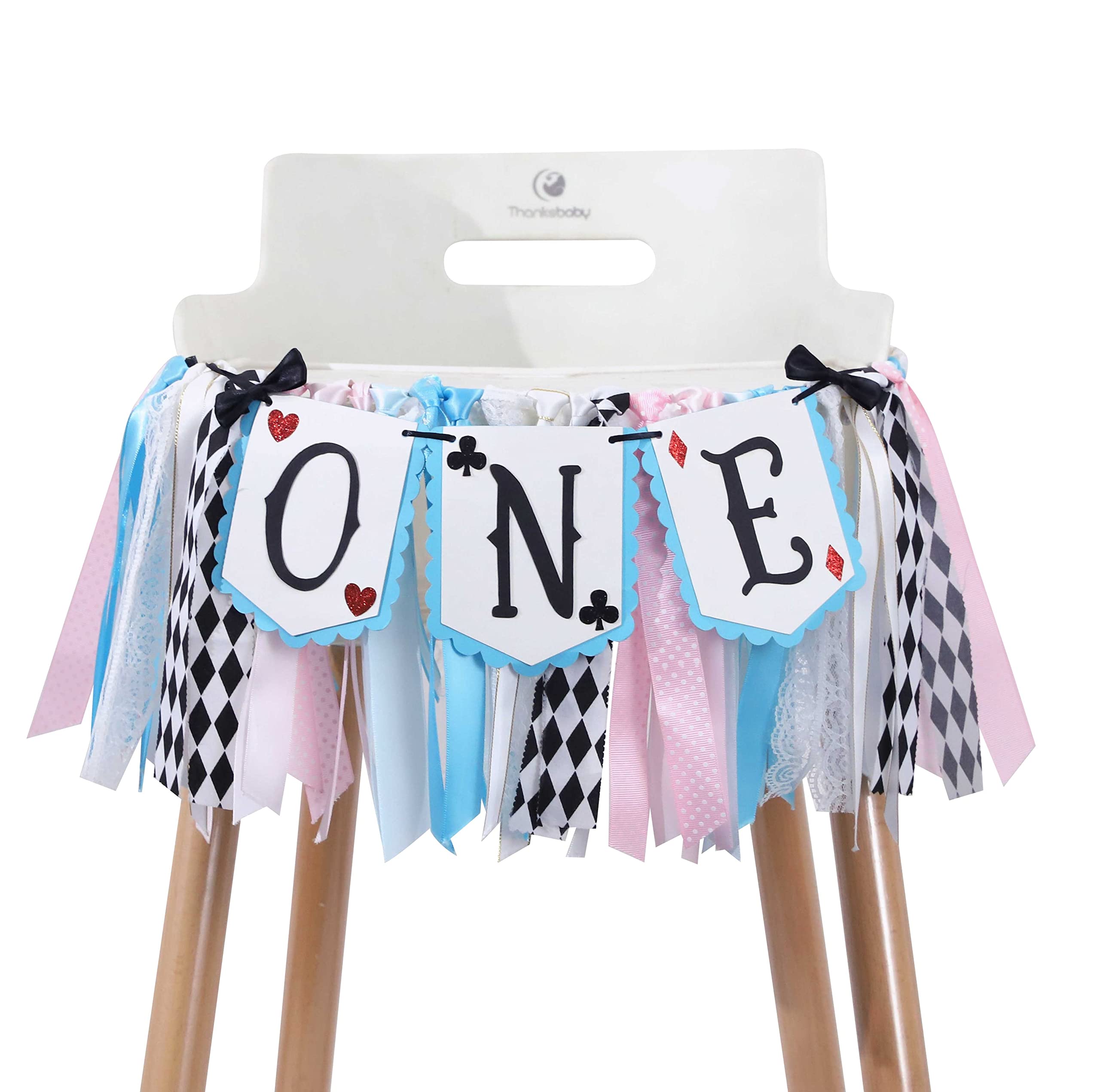 LINLULU Alice banner design for highchair decoration creates a playful birthday focal point.