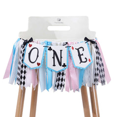 LINLULU Alice banner design for highchair decoration creates a playful birthday focal point.