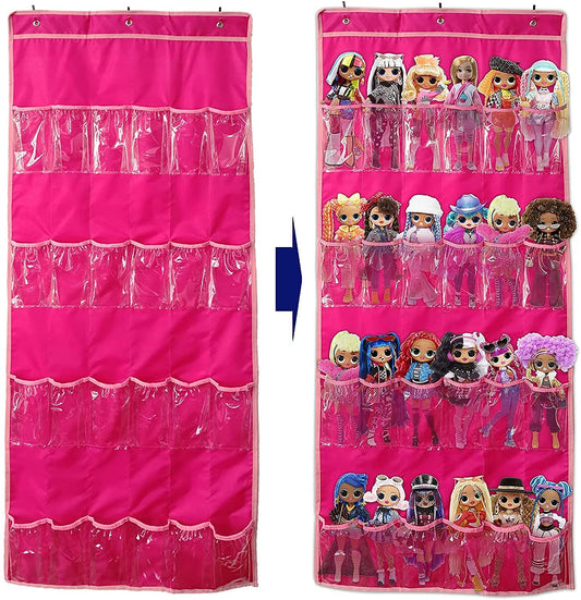 LINPOPUP Hanging Over Door Toy Storage Front View shows 24 clear pockets for easy viewing.