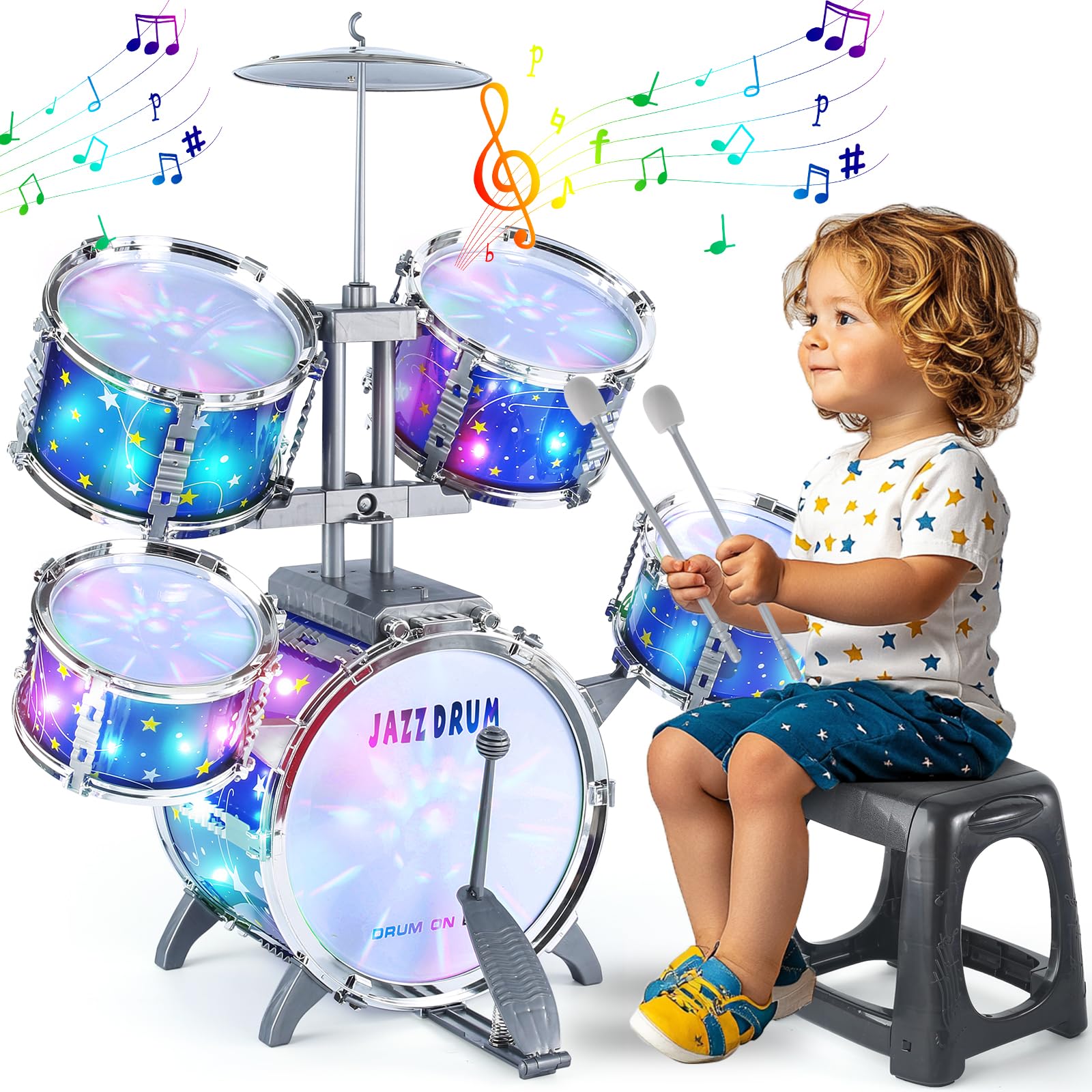LinseyFun upgraded kids drum set with bass drum and pedal for toddlers' rhythm play