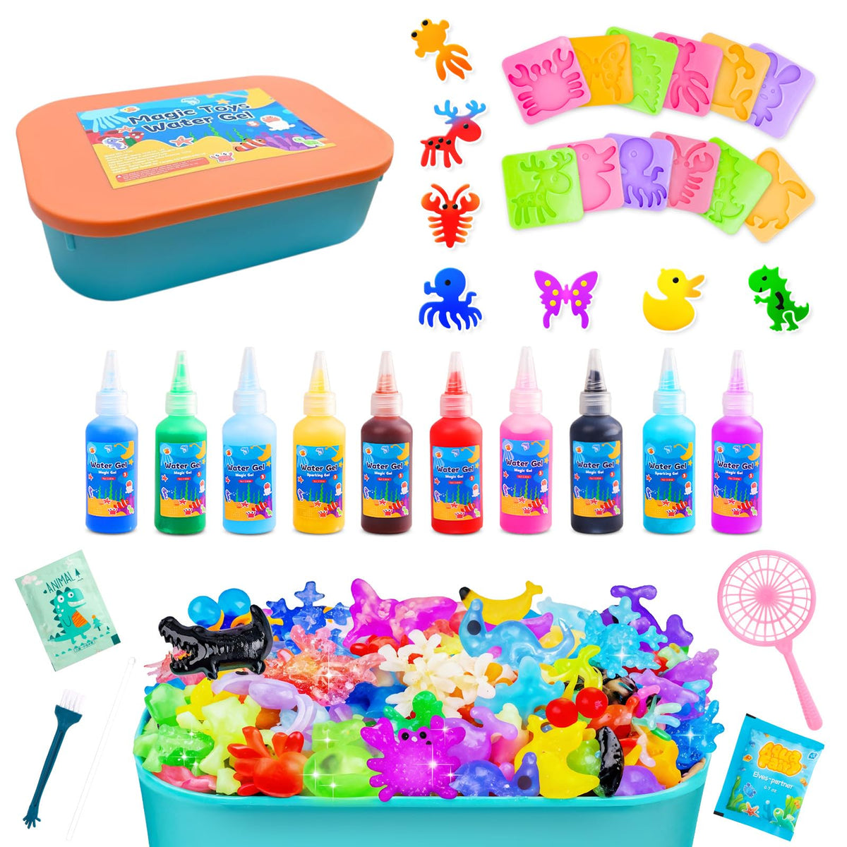 Linzuza Water Squishy Kit with 10 colors and animal molds for hands-on creativity