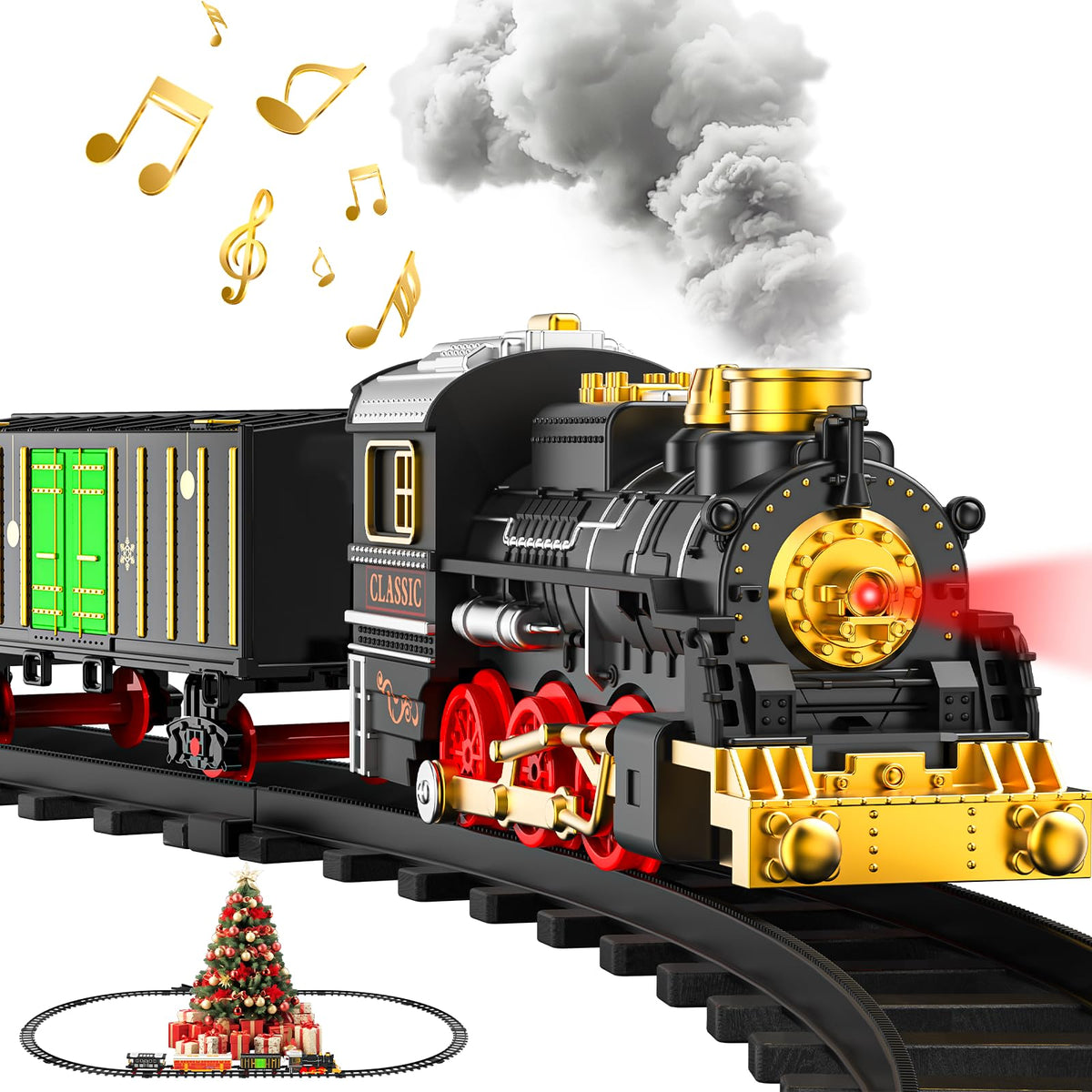 Lipneaed train set locomotive with lights ready for imaginative play around the Christmas tree.