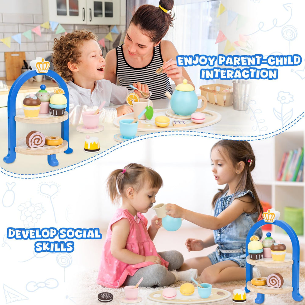 Lipneaed wooden tea set cupcake stand organizes snack time during pretend tea.