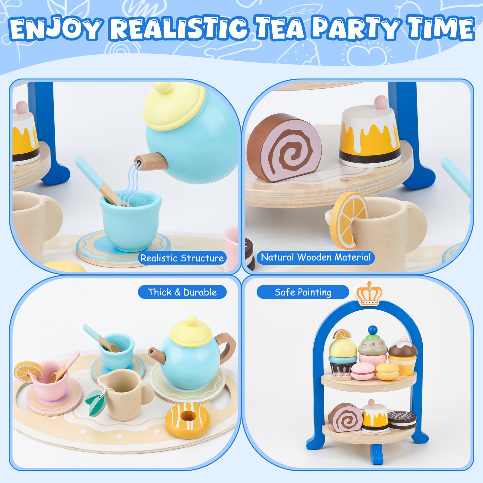 Lipneaed wooden tea set dessert tray enhances imaginative storytelling.
