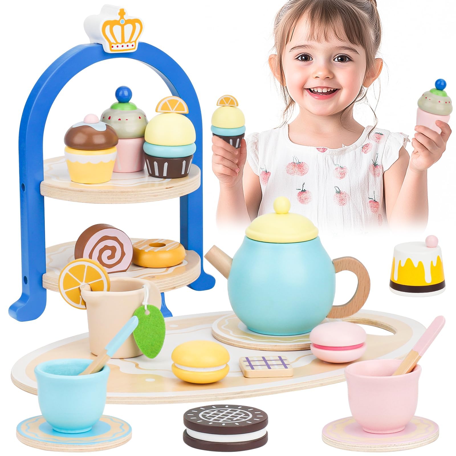 Lipneaed wooden tea set teapot boosts pretend play and fine motor skills.