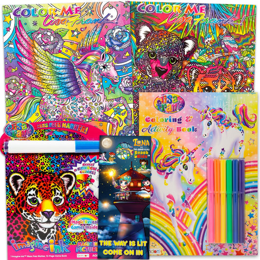 Lisa Frank coloring book set cover with vibrant characters for creative unwind
