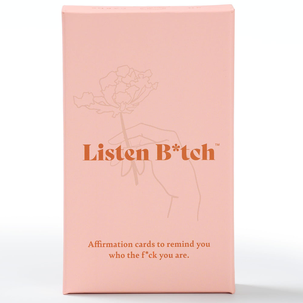 Listen B*tch affirmation card deck cover shows bold typography for daily motivation.