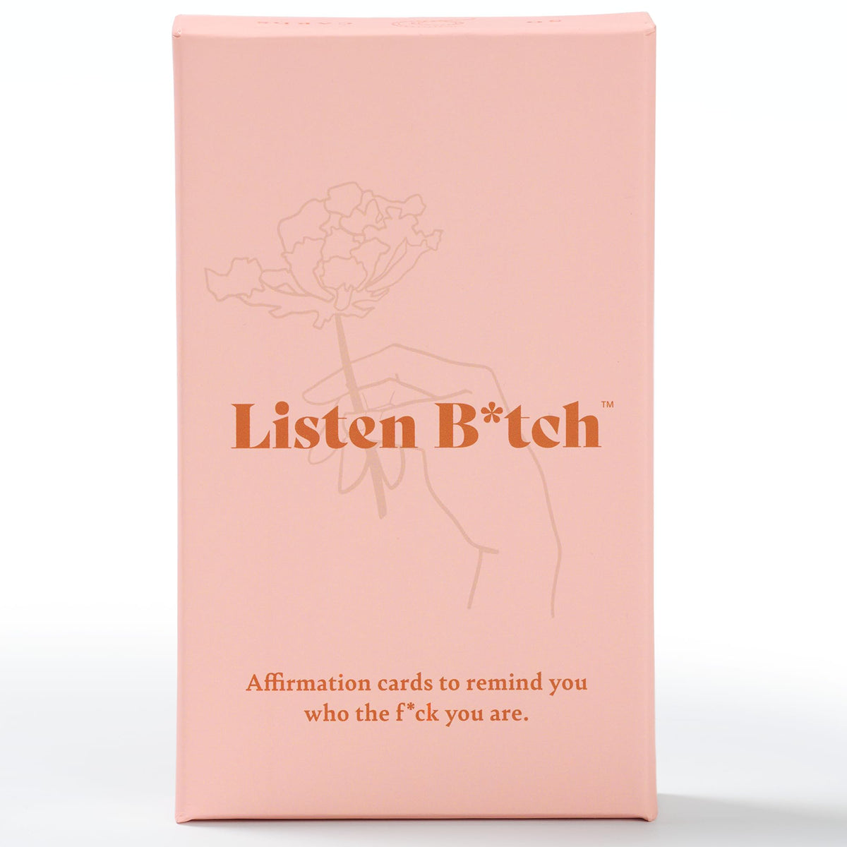 Listen B*tch affirmation card deck cover shows bold typography for daily motivation.