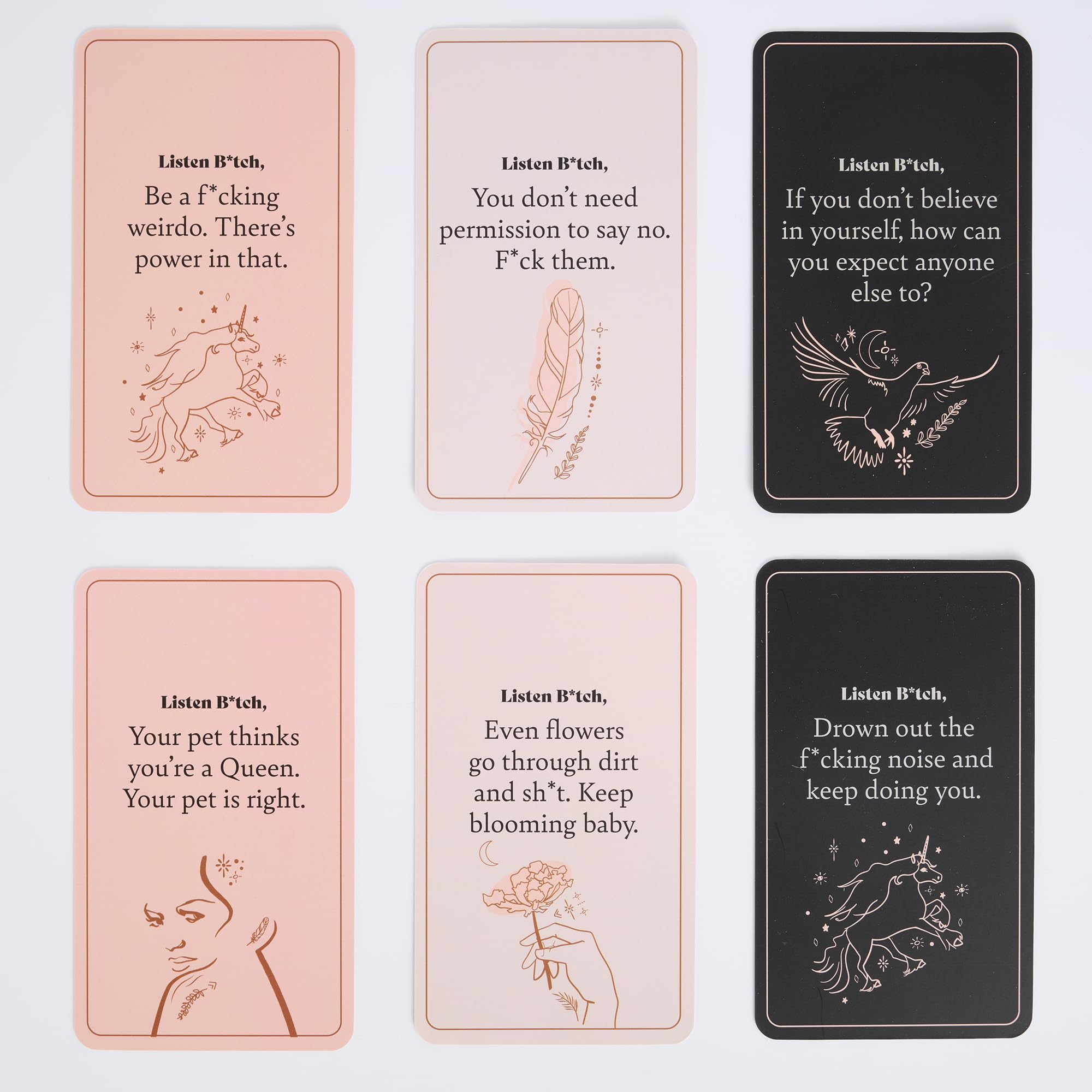 Listen B*tch cards have a premium matte finish and rounded edges for a smooth feel.