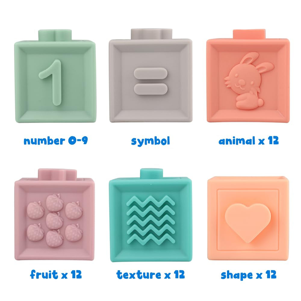 Litand soft squeak blocks for infant bath time play and sensory feedback.