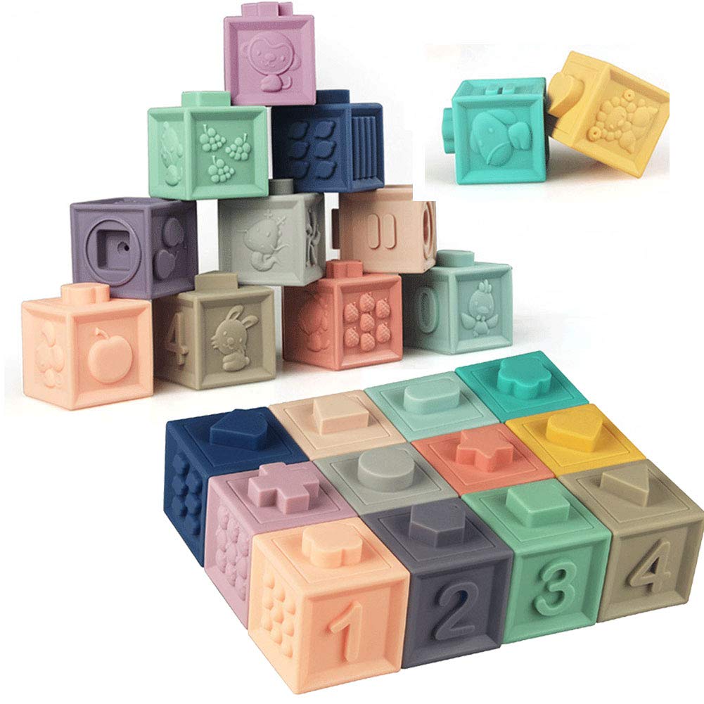 Litand soft stacking blocks for baby with tactile surfaces and visual exploration.