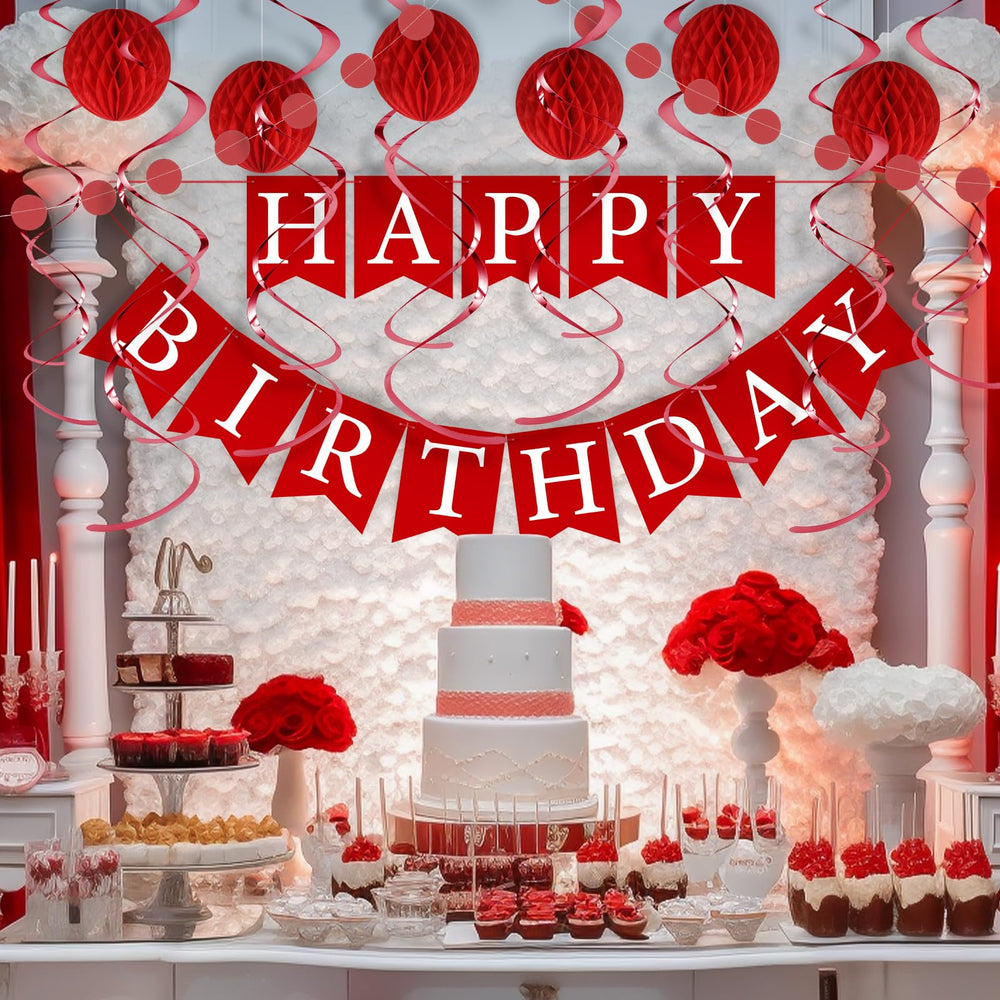 LITAUS red birthday cake table decor creates a coordinated dining area.