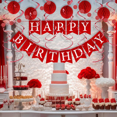 LITAUS red birthday cake table decor creates a coordinated dining area.
