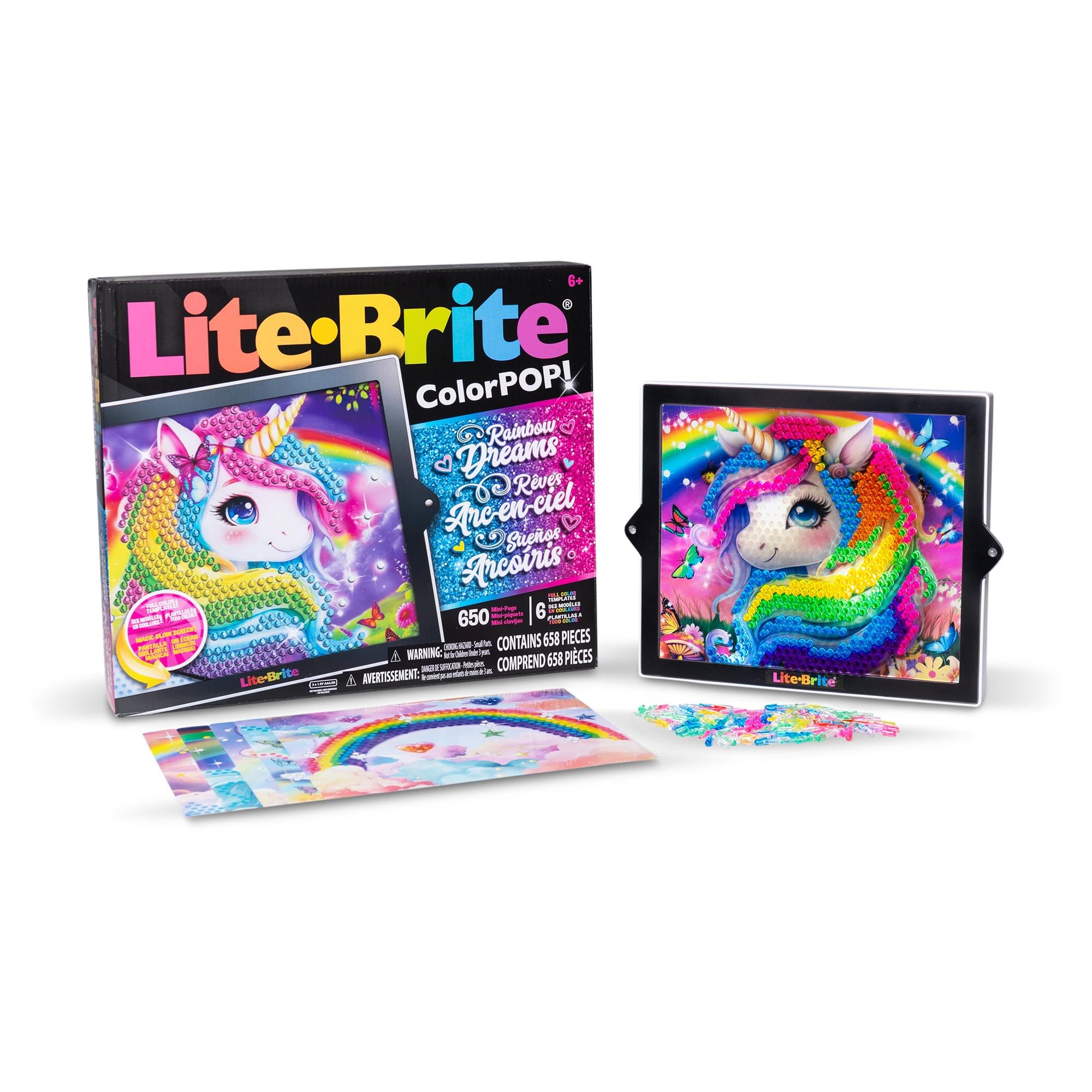Lite-Brite ColorPOP Magic Mane template glowing with rainbow backdrop for imaginative play