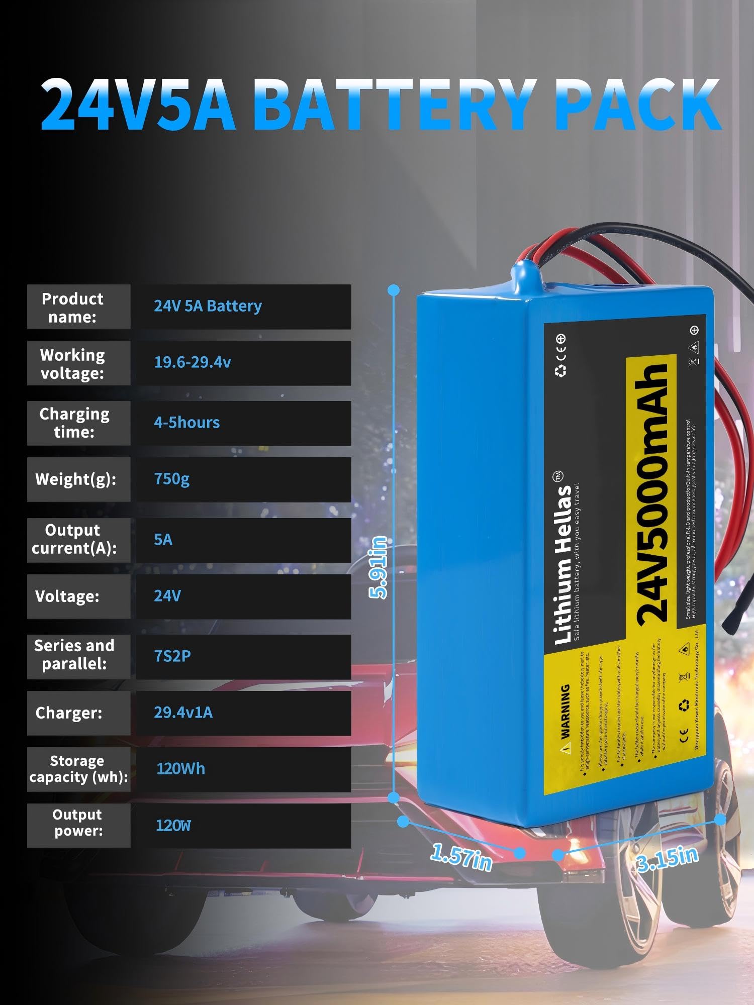 Lithium Hellas 24V 5Ah battery side profile, easy integration into custom builds.