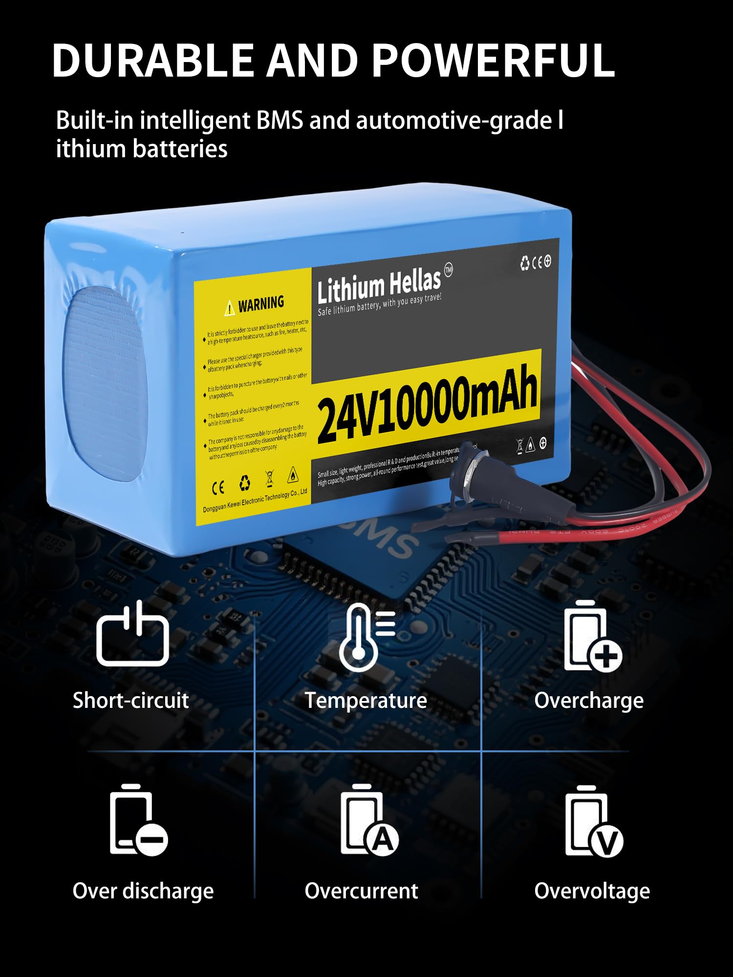 Lithium Hellas battery with BMS safety protection against overcharge and short circuits