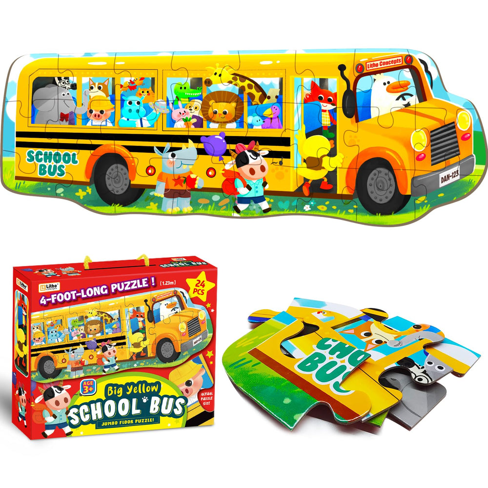 LithoConcepts extra-large school bus puzzle box with 24 jumbo pieces for durable, engaging play.